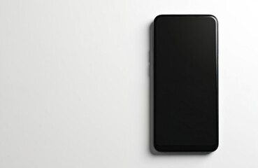Poster - Smartphone device with blank screen on white background top view. Modern mobile phone with digital display isolated on white surface. Empty copy space for app presentation, website design.