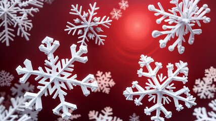 Wall Mural - elegant white abstract snowflakes rotating in a rich red gradient background for winter holiday proj