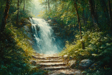 Aufkleber - Serene waterfall cascading down stone steps in a lush, green forest.