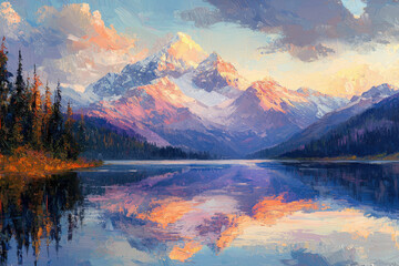 Aufkleber - Majestic mountain peak reflecting in a serene lake at sunset, creating a breathtaking panorama.