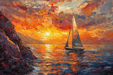 Poster - A sailboat glides peacefully across a fiery sunset ocean, near a rocky shore.