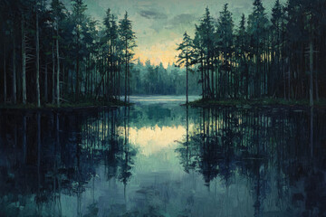 Aufkleber - Serene twilight scene reflecting on a calm lake, surrounded by dark, majestic pine trees.