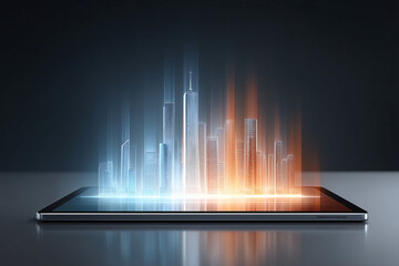 Poster - An illuminated cityscape emanates from a digital tablet, representing technological advancements and urban development