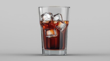 Transparent glass tumbler filled with ice cubes and a dark beverage.