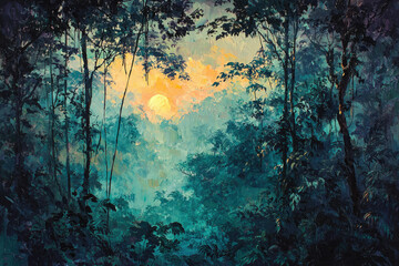Poster - A serene sunset paints the lush, misty rainforest with warm, golden hues, creating a magical, tranquil atmosphere.