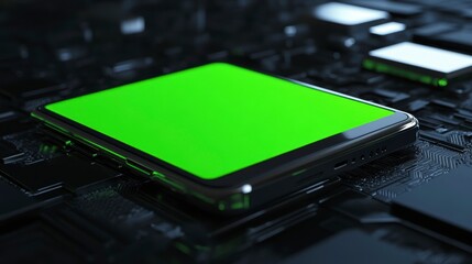 Fototapete - Smartphone with green screen on dark tech background.