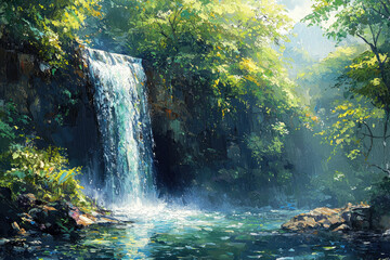Aufkleber - Serene waterfall cascading down mossy rocks into a tranquil pool, surrounded by lush green foliage.