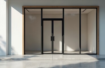 Aufkleber - Modern glass door with wooden frame open. Black metal frame, empty building interior. Urban architecture. Empty store front, shop entrance. Minimalist style design with space for text logo mockup.