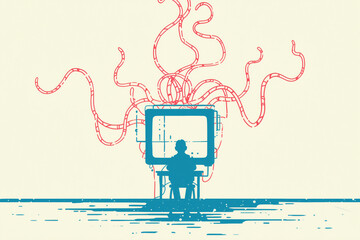 Poster - A person sits before a screen, enveloped by a network of digital tendrils, suggesting a struggle for control or data overload.