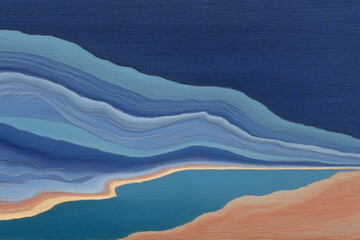 Poster - An abstract painting of a serene coastal landscape, featuring layered blue waves meeting the sand and sky