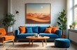 © miss irine - Mid-century modern living room design. Blue velvet sofa with orange pillows. Desert landscape artwork. Round wooden coffee table. Interior decor with potted plants. Cozy home furniture.