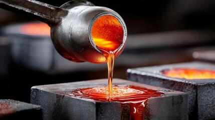 Aufkleber - Glowing molten metal being poured from a crucible into a mold in a foundry workshop with fiery energy, Generative AI
