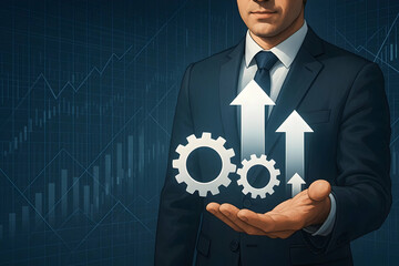 Poster - Business growth strategy and success concept businessman holding gears and arrows pointing up chart background