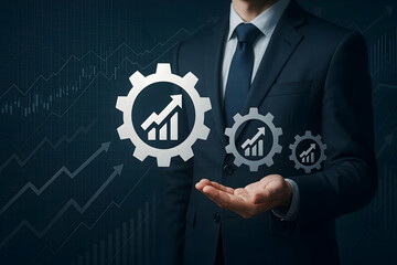 Poster - Business growth strategy concept businessman showing growth chart in gears for success and development plan