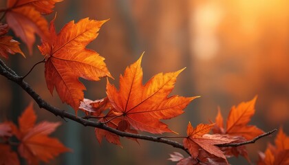 Poster - Close-up of autumn leaves on branch. Warm orange colors, blurred background. Seasonal nature art, perfect for fall designs, prints, websites. Decorative nature scene.