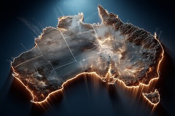 Fototapete - 3D glowing outline map of Australia with bright illuminated edges in dark futuristic environment, Generative AI