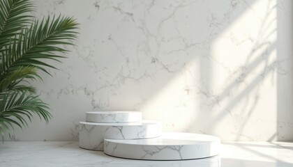 Aufkleber - Minimalist composition with white marble podiums, exotic palm leaves shadows. Sunlight highlights texture. Modern design scene for cosmetic products, fashion goods. Empty showcase for display,