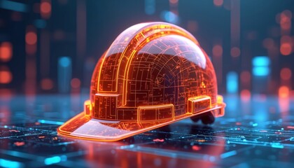 Fototapete - futuristic construction helmet on digital grid. industrial safety concept tech visual with circuit b