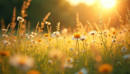 Poster - Sun-kissed meadows illustration with daisies. Golden hour sunlight. Sunny day creates dreamy summer vibe, natural beauty. Ideal for background, cards, posters, prints. Wild flowers landscape.