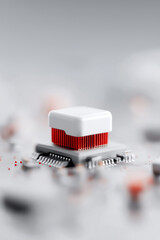 Poster - Closeup of an integrated circuit with a vibrant red brush on top. Conceptual tech image, showcasing innovation and precision. Ideal for technology or engineering themes.