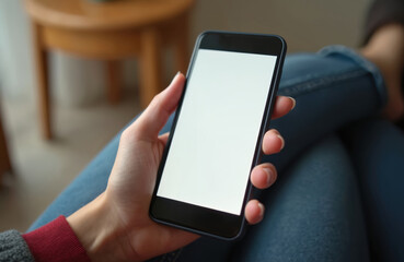 Poster - Woman hand holding blank screen smartphone. Modern mobile device. Digital tech. Empty white display for apps, content. User browsing internet, texting messages. Lifestyle, communication.