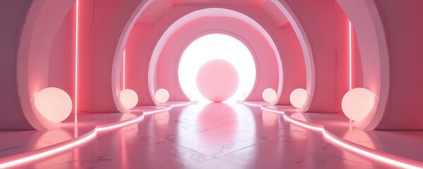 Aufkleber - Futuristic pink corridor design. Glowing spheres, neon lights. Modern architecture. Abstract geometric background. Digital illustration of science fiction space. 3D render. Concept art.