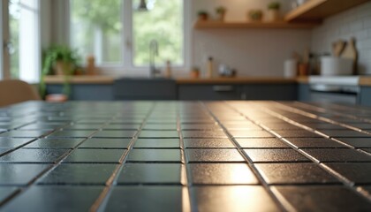Leinwandbilder - Close-up of shiny black tile counter top. Kitchen background with white brick wall, wooden shelves, window, green plants. Empty space for product display, demo or presentation of any items.
