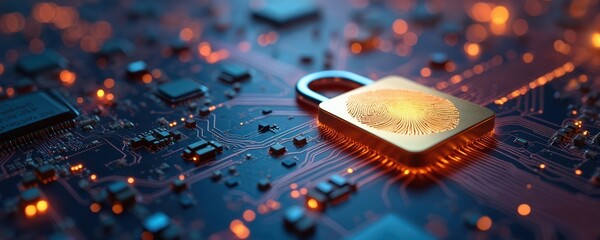 Aufkleber - Cybersecurity concept featuring lock with fingerprint on computer motherboard. Secure connection, data protection, login, access, digital verification, secure online identity, privacy, encryption,