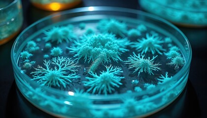 Poster - Petri dish with fungal colonies, teal color, for research. Image represents Aspergillosis Day. Disease mold laboratory with colonies, microbiology, healthcare. Healthcare professionals, doctors
