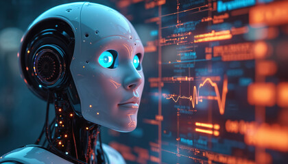 Poster - Futuristic robot face looks data analytics graph. Explainable AI, AI assistant, interacting with AI, AI deep learning, prompt engineering to use generative AI for work support.