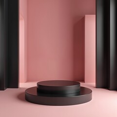 Poster - Minimalist abstract scene features black cylinder podium, dais on soft pink background. Modern design for product presentation, advertising. Dark studio setting, clean lines, geometric shapes.