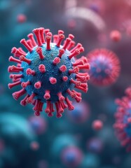 Poster - Microscopic view of colorful virus cells interaction. Image shows detailed structure, focus on organism, cellular biology. Science, health research, molecular illustration. Concept of disease, immune