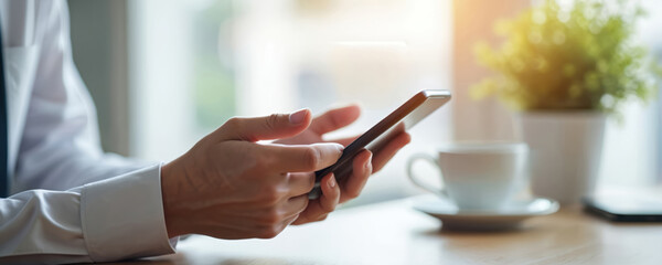 Fototapete - Man hands holding mobile phone. Business communication tech, email icon on screen, client app contact. Businessman smartphone using touch screen in office. Online business, marketing, social media