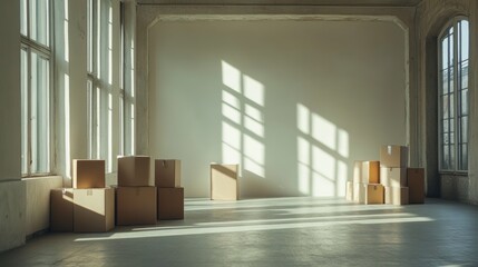 Poster - Sunlit empty room with cardboard boxes.