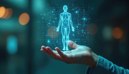 Aufkleber - Human figure hologram floats in hand. Digital health tech concept. Represents patient care. Network grid connects data. Innovations in medicine, diagnostics, treatment. Modern healthcare future.