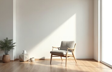 Poster - Bright minimalist interior room with a chair. Modern wooden armchair in empty white room. Natural light, wooden floor, design. Home decor, apartment. Blank wall for text or art.