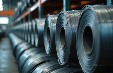 Aufkleber - Illustration of metal wire spools in industrial factory. Rolls of steel wire on racks. Metal processing plant manufacturing, production, engineering. Heavy industry, construction.