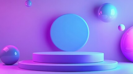 Fototapete - Abstract 3D render of vibrant purple and blue platforms and spheres.