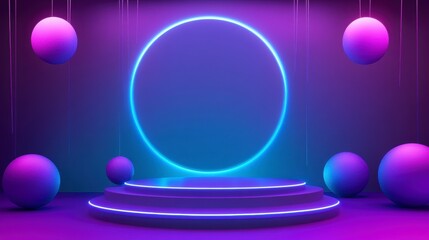 Fototapete - Neon circle and platform with spheres in vibrant purple and blue lighting.