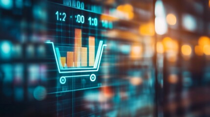 Wall Mural - online storefront with shopping cart icon and analytics dashboard displaying rising graph.
