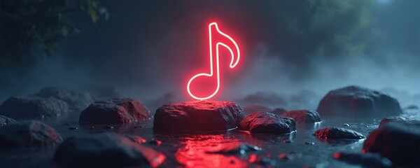 Aufkleber - Glowing neon red music note on dark background with fog. Musical sound concept. 3D rendering of musical note in cyberspace. Modern tech design for album cover art, advertising, music apps, tech blog.