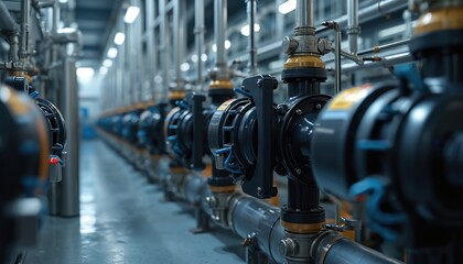 Aufkleber - Smart water management system with automated leak detection, efficient distribution. Illustration tech, industry. Focus on industrial facility with pipes, valves for energy efficiency. Modern
