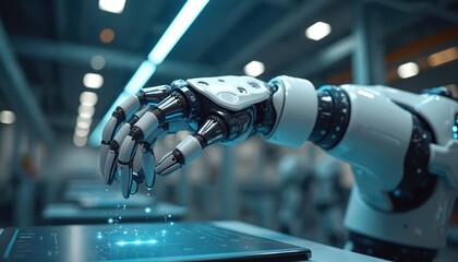 Aufkleber - Close-up of robotic arm, precision, innovation in modern tech. Automated industrial robot in action. Futuristic design, robotic hand touches digital display. Artificial intelligence, machine
