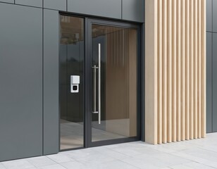Modern side entrance to business building with keyless entry. Glass door with key code lock. Contemporary office exterior design. Architecture, construction, modern business concept.