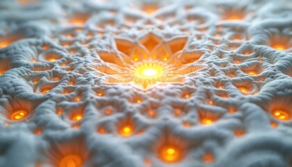 Leinwandbilder - Intricate white fractal mandala, symmetrical patterns with golden lights. Digital artwork features radiant glow. Abstract design with detailed textures, perfect artistic visual creation for