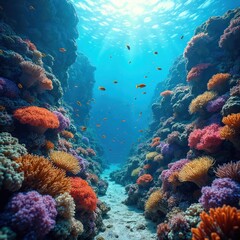 Aufkleber - Underwater coral reef scene showcasing vibrant colors, diverse marine life. Beautiful coral, reef fish swim. Blue ocean water, marine ecosystem, aquatic environment, nature, marine life, tropical.