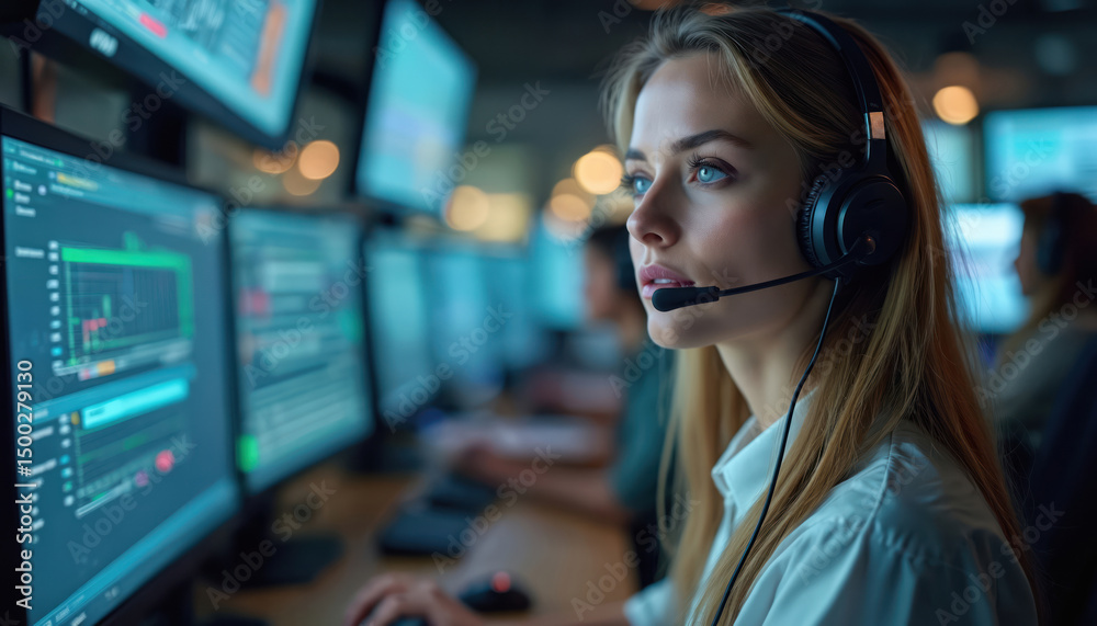 Female dispatcher wearing headset in control room. Woman monitors ...