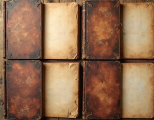 Poster - Vintage book covers. Set of old books on wooden table. Rough faded texture. Blank pages. Perfect background for retro style design. Empty space for text for bookshop, library, education, literature.