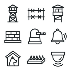 community defense icons. outline icon set of community defense structures: watchtower, barbed wire f