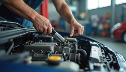 Poster - Mechanic repairs car engine at auto repair shop. Pro auto service worker uses tool to fix automobile. Car maintenance, vehicle diagnostics. Automotive repair.